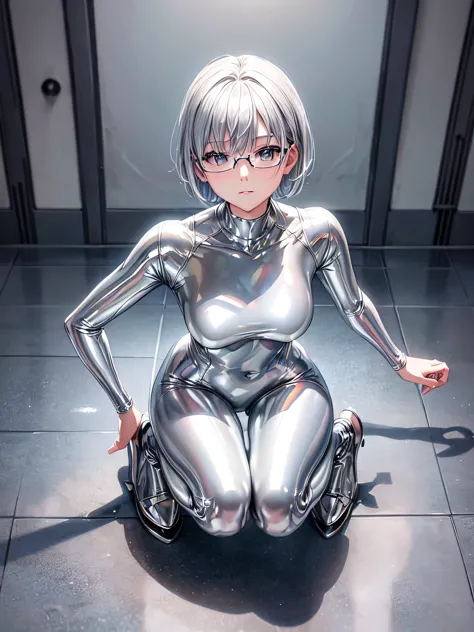 Highest quality 8K UHD、Mastepiece、Close-up、short hair、M-shaped legs、squat、Silver Hair、Glasses、Shiny silver tights、A beautiful wo...