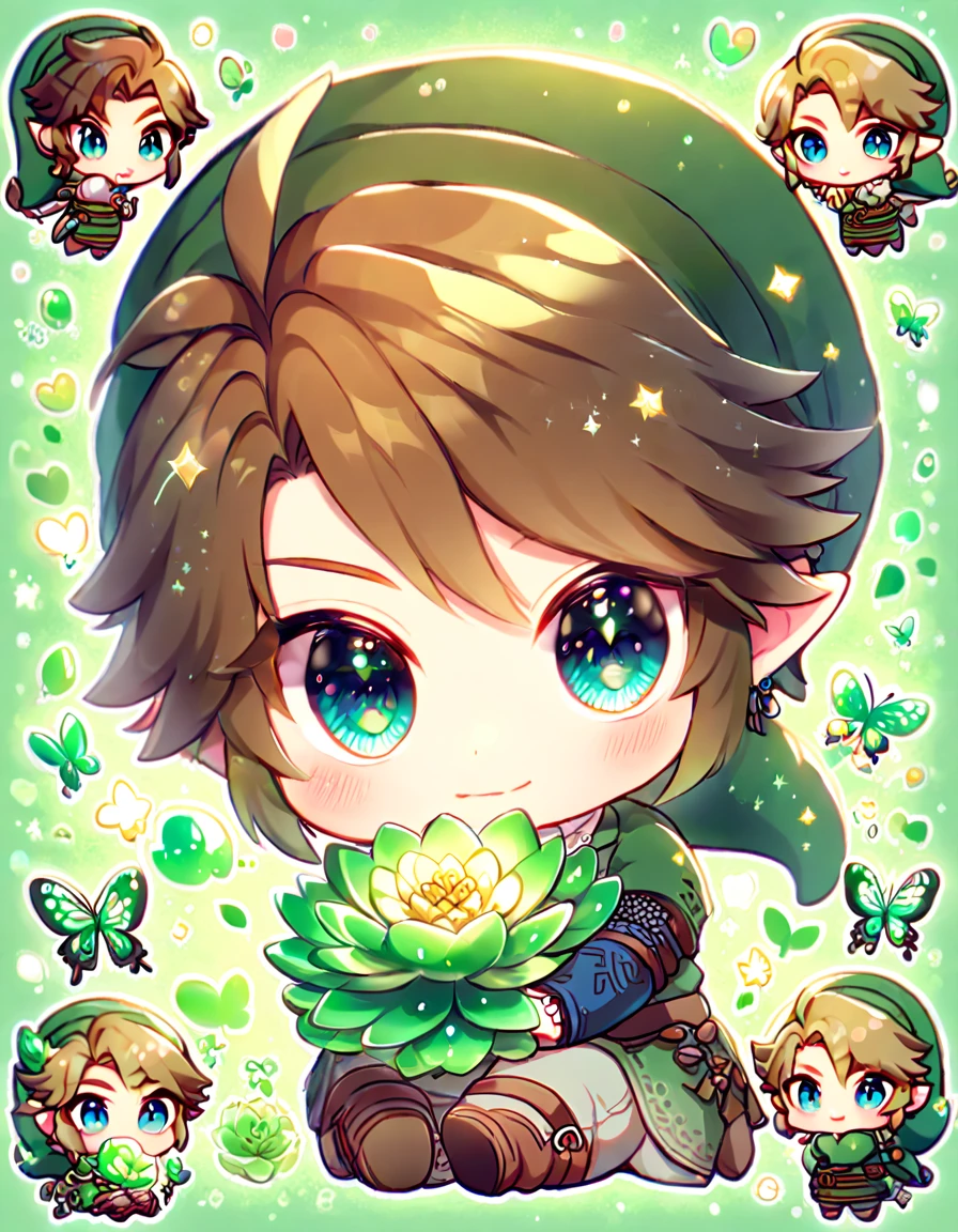 Ultra detailed, HDR, Highres, absurdres, master piece, Link chibi, brown hair, expressive blue eyes, green clothes, The Legend Of Zelda (twilight Princess), emerald glittering butterflies, petals, emerald green lotus, cute, magical, man, extremely detailed face and eyes, glittering, fantasy, hugging a emerald green dragon, love, green emerald background, perfect face, best quality, green hat