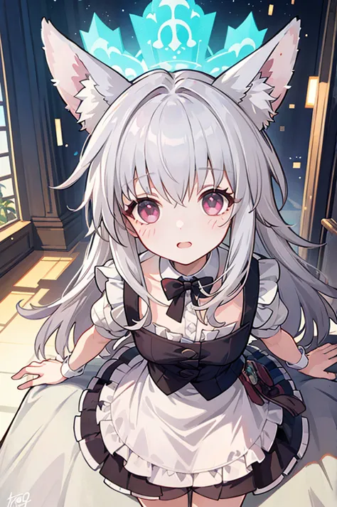((Best quality)), ((masterpiece)), (detailed), perfect face, maid outfit, white fox ears, cute face, cute eyes, Clara girl(honka...