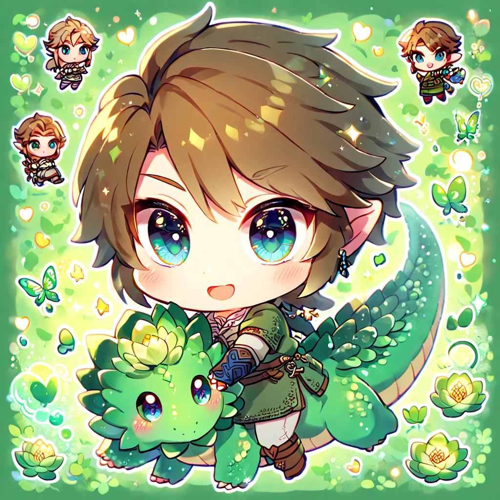 Ultra detailed, HDR, Highres, absurdres, master piece, Link chibi, brown hair, expressive blue eyes, green clothes, The Legend Of Zelda (twilight Princess), emerald glittering butterflies, petals, emerald green lotus, cute, magical, man, extremely detailed face and eyes, glittering, fantasy, hugging a emerald green dragon, love, green emerald background, perfect face, best quality, happy