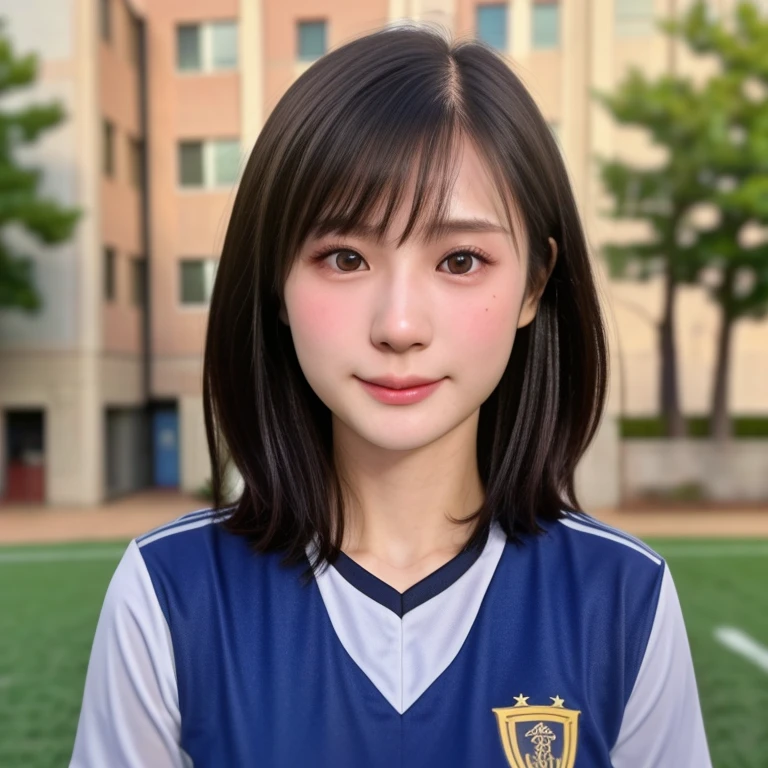 (menina japonesa kawaii de 24 anos, Ídolo Nogizaka, ídolo coreano, jogador de futebol), corpo saudável de atleta feminina, (cabelo preto brilhante, cabelo muito curto, franja:1.3), lindos olhos negros, rosto arredondado, pálpebra única, (Sem maquiagem:1.2), (sorriso suave:1.2), (uniforme de futebol:1.3), seios extra pequenos, QUEBRAR, (Fundo do parque, verão diurno:1.2), (ângulo dinâmico, tiro no busto:1.2), QUEBRAR, (obra de arte, melhor qualidade, foto realista, arte oficial:1.4), (Ultra HD, Papel de parede de qualidade 8K, alta resolução, Foto CRU, proporção áurea:1.3), (pele brilhante), Iluminação Profissional, Renderização com base física, premiado, (textura de pele altamente detalhada, texturas de rosto e olhos extremamente detalhadas), Carl Zeiss 85 mm F/1.4, profundidade de campo, (1 garota, Sozinho),