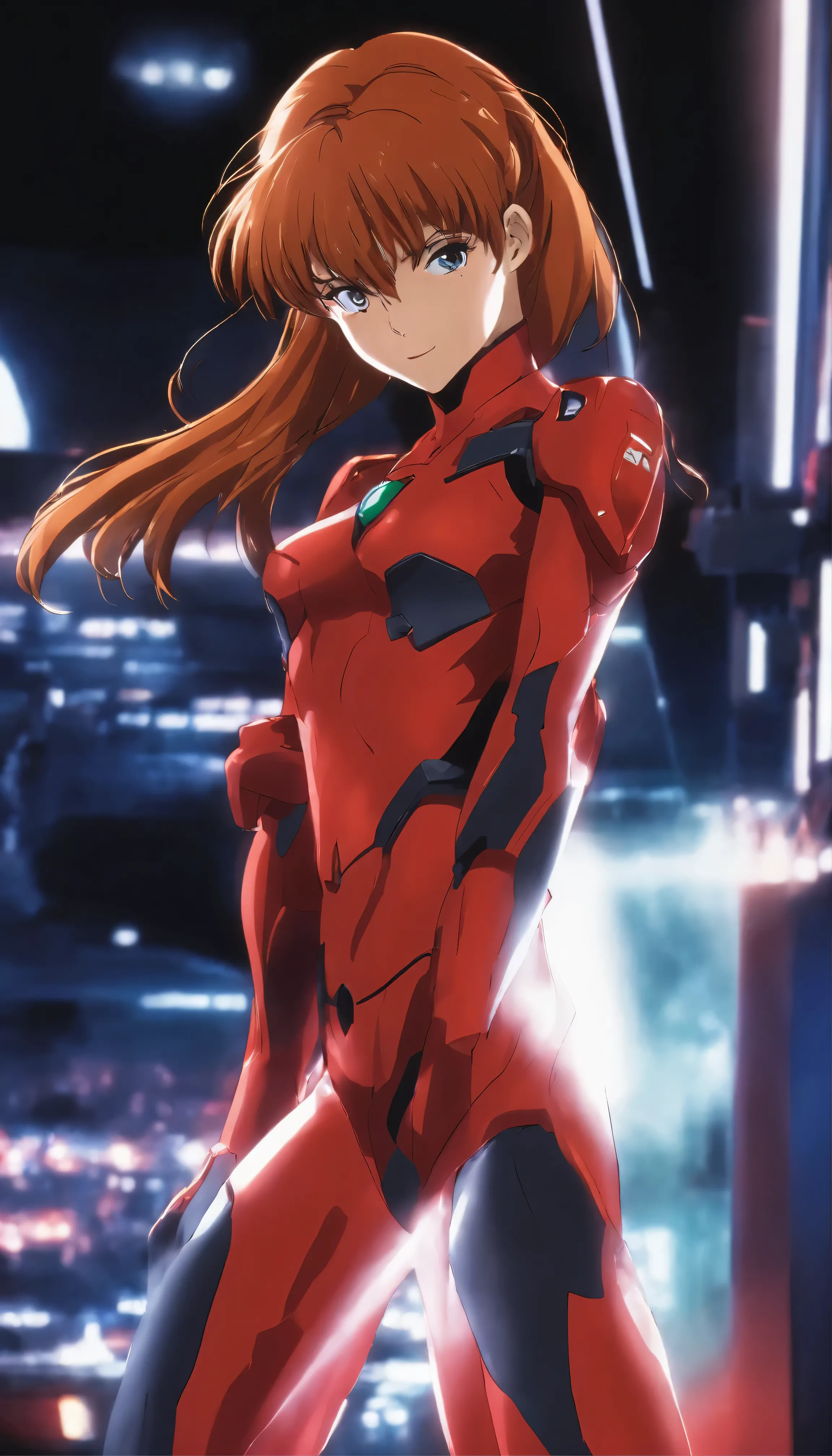 Anime girl standing solo in a Neon Genesis EVANGELION scene, showcasing the 19-year-old Asuka Langley. With her short, stylish bangs framing her detailed, hazel brown eyes, she dons a high-resolution, original outfit, featuring a white knight long cape attached at the waistline in a sheath. Her medium-sized bust is concealed by a red armored suit, and she exudes a confident smile while looking directly at the audience. The background is a beautifully crafted Western-style room adorned with neon elements, creating a surreal atmosphere. Asuka confidently places her hand on her chest, accentu