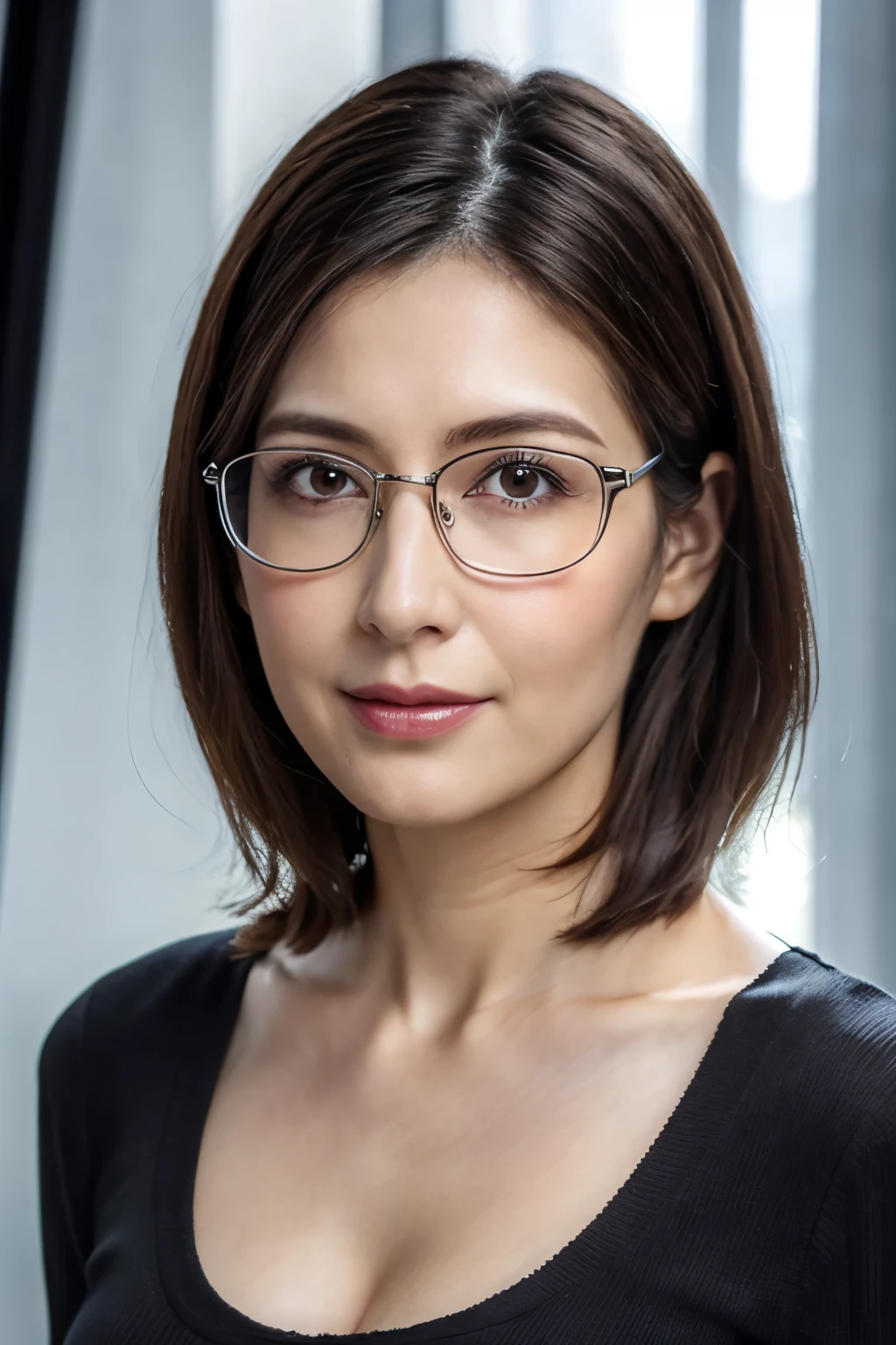 8k, highest quality, masterpiece, Realistic, Realistic, Super detailed, Natural light, Shapely breasts, Her cleavage is visible, 1 person, 35-year-old woman, Black Hair, (Straight Hair), (Bob Hair), Silver-rimmed glasses, ((Look at the viewers)), meanwhile, V-neck knit shirt, Highly detailed face and skin, Fine grain, Highly detailed face and skin