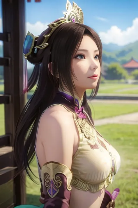 Diao Chan from Romance of the Three Kingdoms,masterpiece、Field,Grass area,beautiful girl、Fine Eyes、Puffy eyes、Too big breasts、Cu...