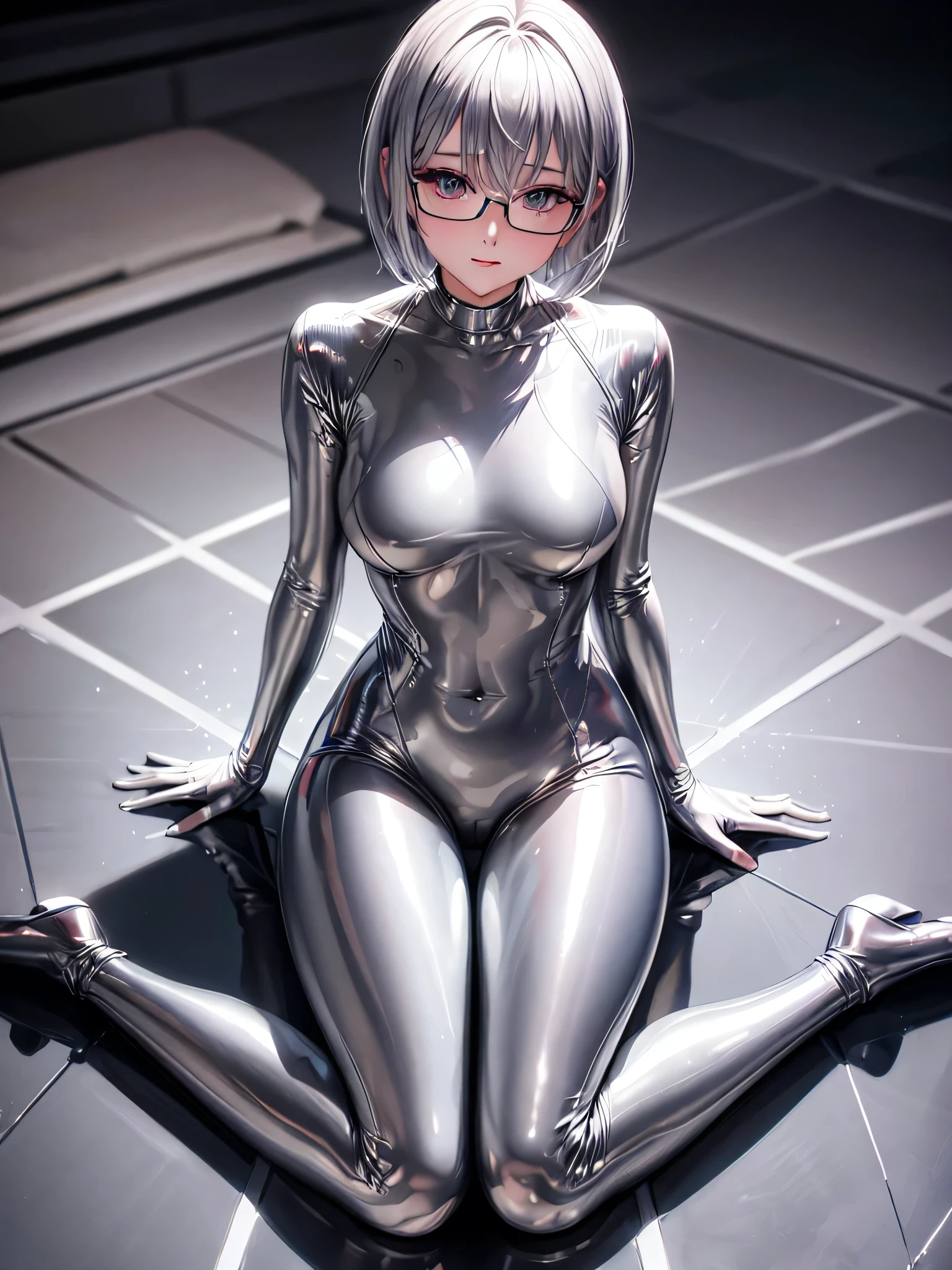 Highest quality 8K UHD、Mastepiece、Close-up、short hair、Sit and spread your legs in an M-shape、Silver Hair、Glasses、Shiny silver tights、A beautiful woman wearing a full-body silver metallic suit、Full body silver metallic rubber suit