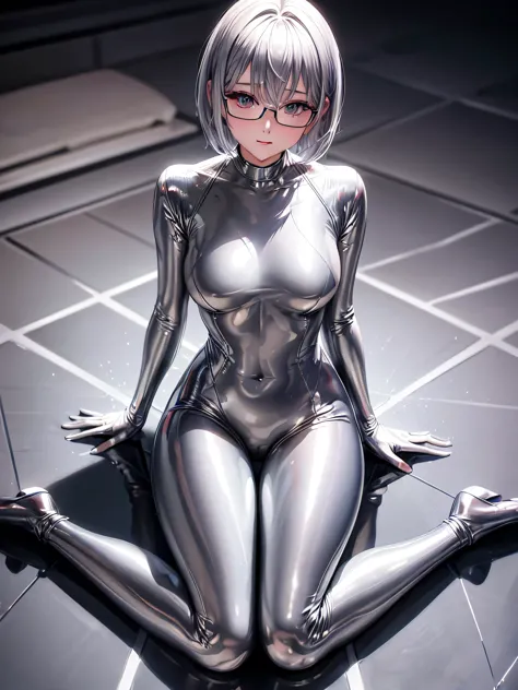 Highest quality 8K UHD、Mastepiece、Close-up、short hair、Sit and spread your legs in an M-shape、Silver Hair、Glasses、Shiny silver ti...