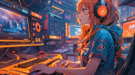high resolution、One Girl、Wearing headphones、Logo T-shirt and hot pants、Inside a futuristic room、Gaming PC、Large monitor<Vibrant ...
