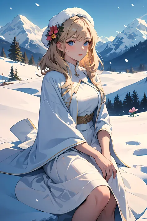 masterpiece, best quality,  a beautiful woman with light hair, flowers, snow-capped mountains, summer