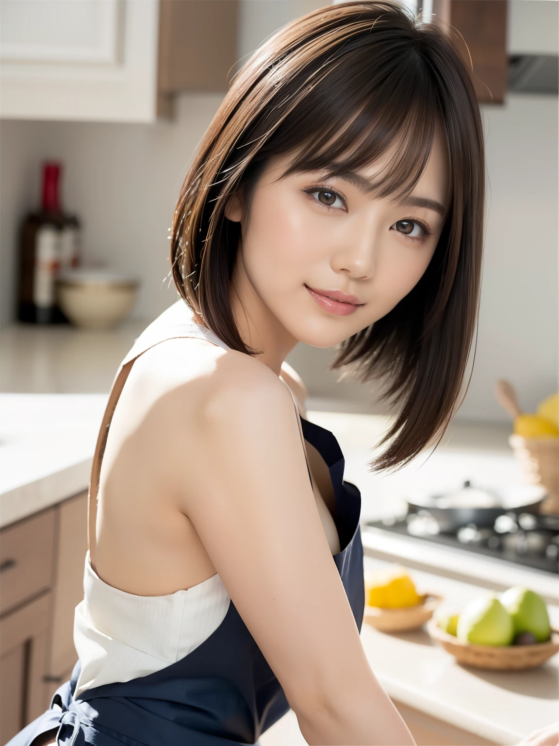 (Best quality: 1.5), (Real: 1.5), (1 person: 1.5), Medium shot, (Highly detailed), (High resolution), 8k, Medium breasts, Natural colored lips, Japanese woman, 24 old girl, thin eyebrows, beautiful and graceful features, cute face, arched thin eyebrows, (large, balanced eyes), big eyes, fair skin, beautiful and graceful features, natural bangs, beautiful and thin nose, beautiful skin , medium bob hair, natural bangs, perfect and beautiful facial features, slim face and figure, (bright lighting), professional lighting, (frontal lighting), beautiful cleavage, 1 girl, cute and sexy 24 old woman, slim Japanese woman, fair skin, (cute smile), (medium chest), In the kitchen, Wearing a naked apron, (NAKED Apron), (naked and wearing only an apron), Beautiful breasts,