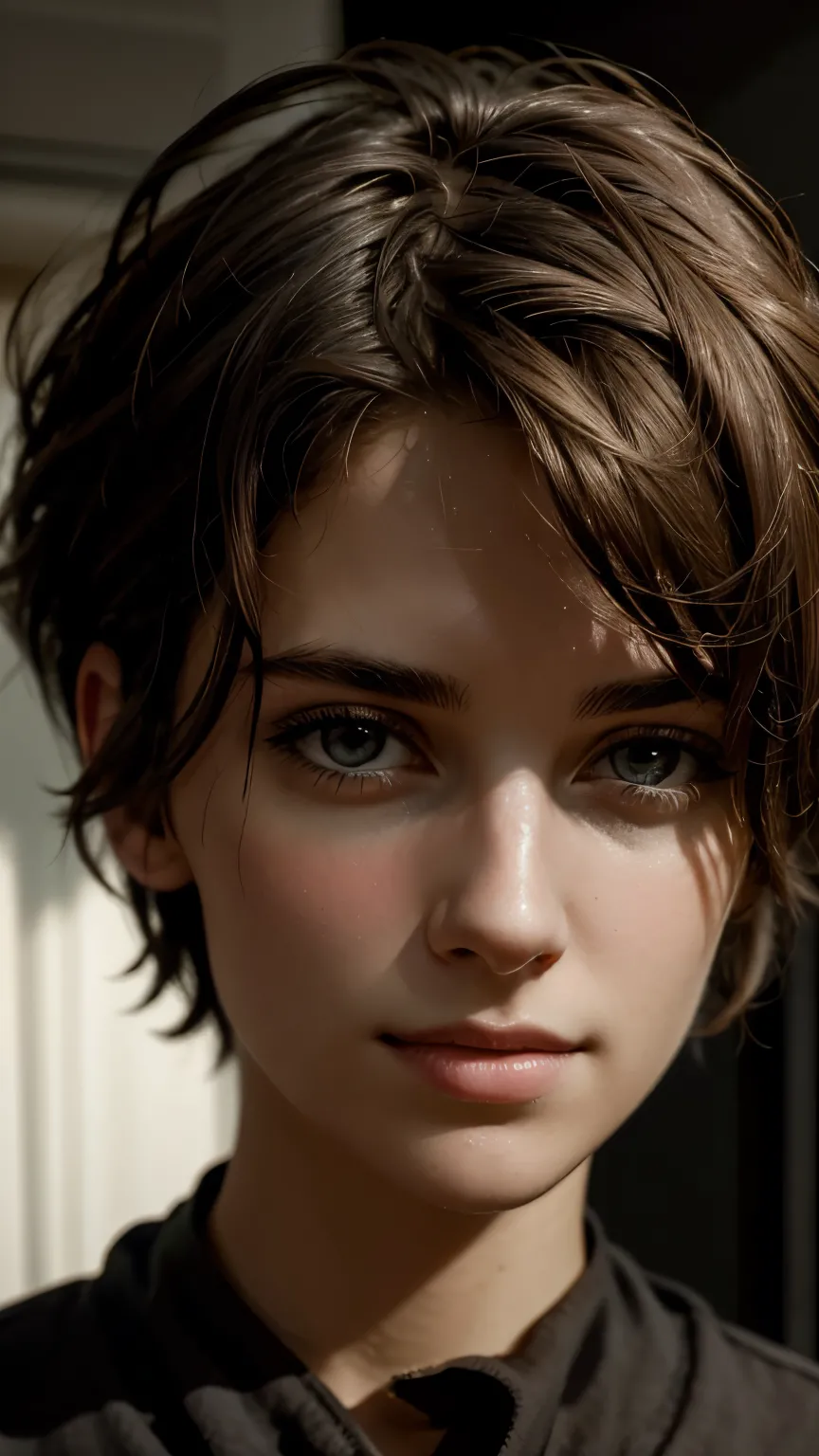 an intriguing professional close-up portrait of a beautiful girl with casual outfit and short hair, emerges from the depths of s...