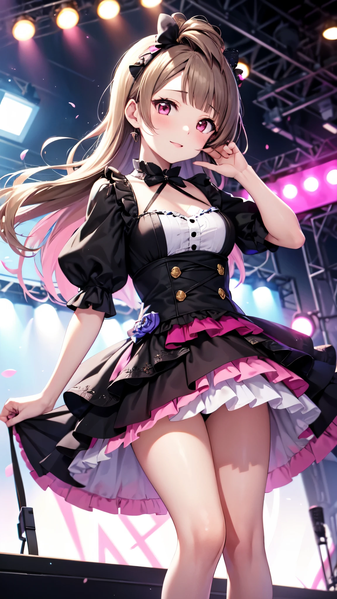 Kotori Minami, super detailed, standing, alone, Absolute reference to center, (1 girl), (white skin), pink gothic  style, Idol, stage