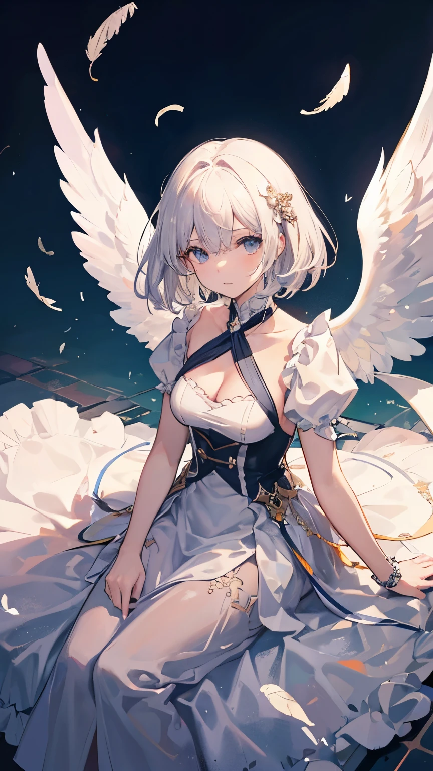 gorgeous adult woman, medium hair, bangs, perfect eyes, soft light, high quality, 4k resolution, ((angel)), An angel with wings on his back, an angel descending from the sky, feathers scattered in the background, light shining from above, at Cathedral