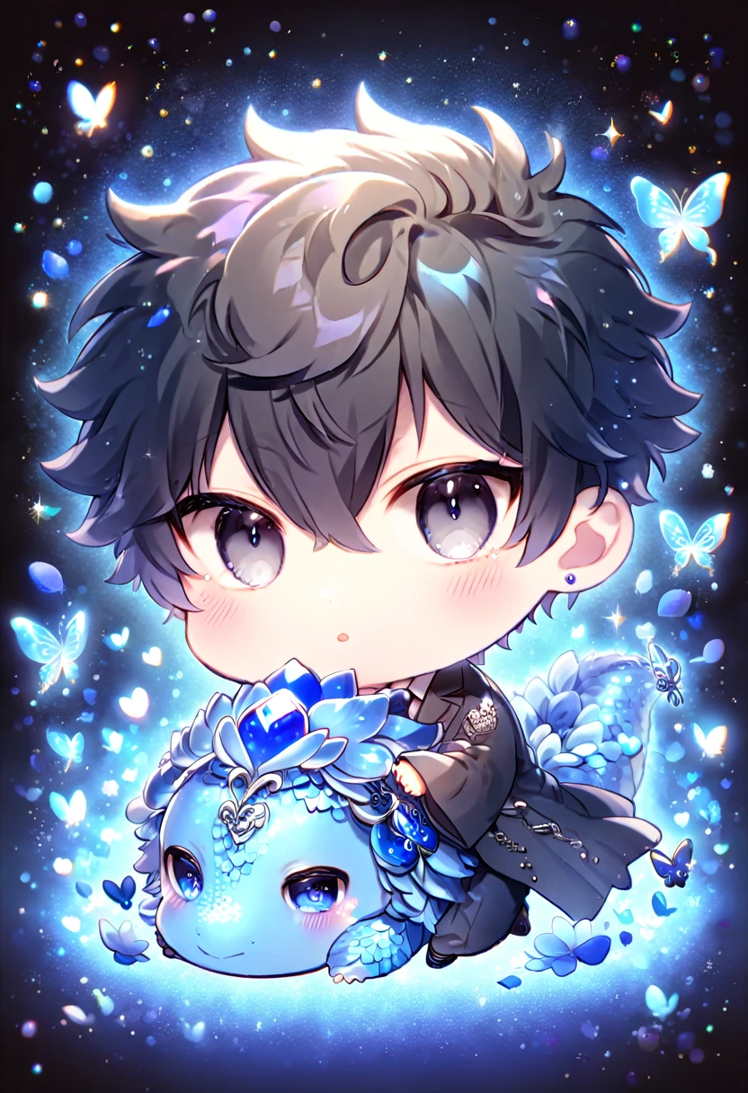 Ultra detailed, HDR, Highres, absurdres, master piece, Kougami Shinya chibi, black hair, expressive grey eyes, black clothes, Psycho Pass, blue glittering butterflies, petals, blue sapphire lotus, cute, magical, man, extremely detailed face and eyes, glittering, fantasy, hugging a blue sapphire dragon, love, blue sapphire background, perfect face, best quality,