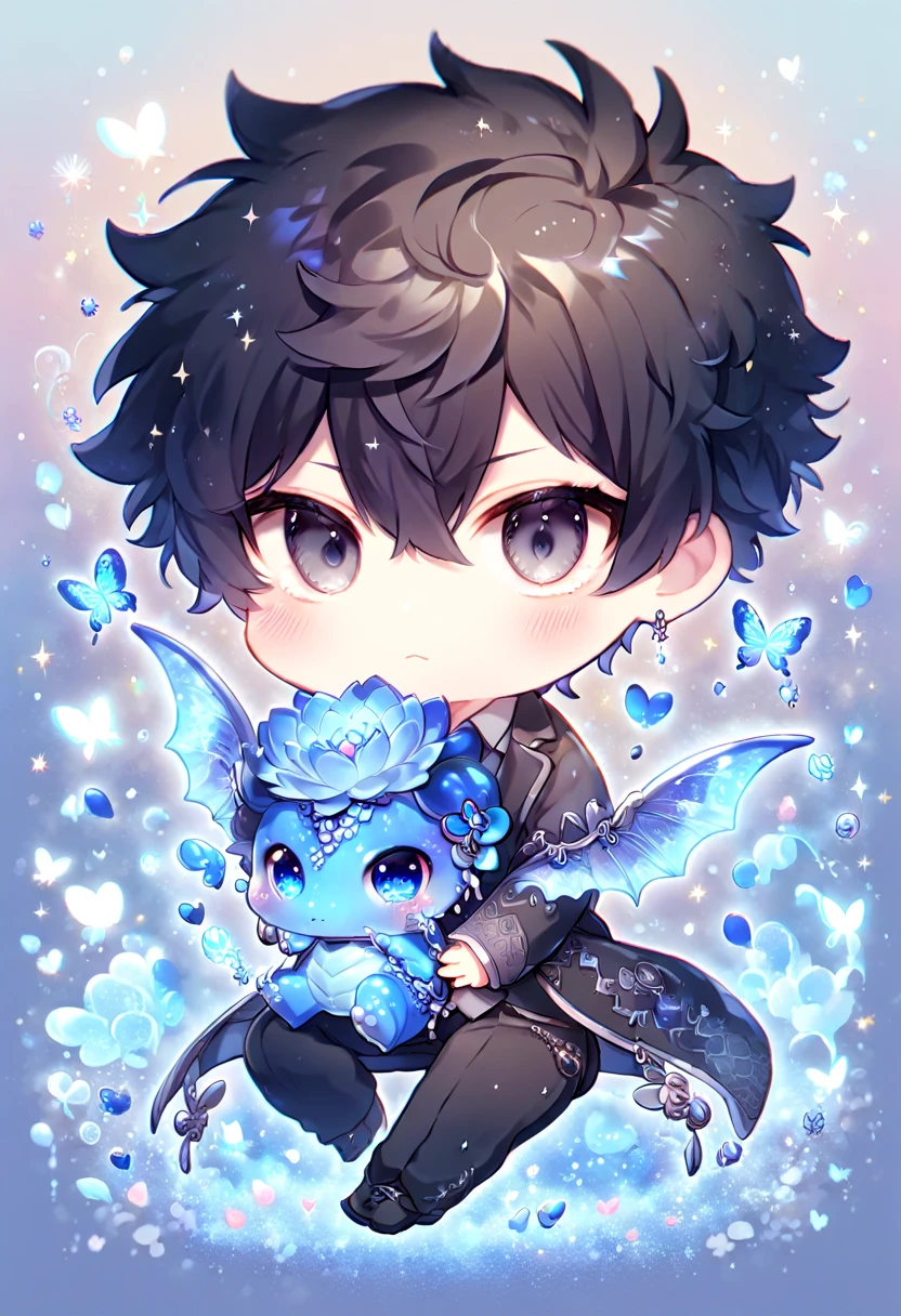 Ultra detailed, HDR, Highres, absurdres, master piece, Kougami Shinya chibi, black hair, expressive grey eyes, black clothes, Psycho Pass, blue glittering butterflies, petals, blue sapphire lotus, cute, magical, man, extremely detailed face and eyes, glittering, fantasy, hugging a blue sapphire dragon, love, blue sapphire background, perfect face, best quality,