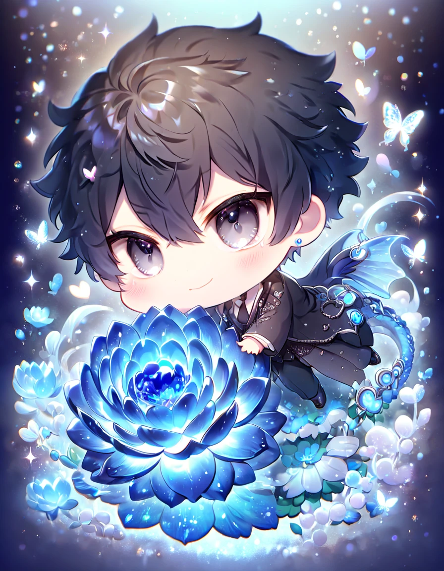 Ultra detailed, HDR, Highres, absurdres, master piece, Kougami Shinya chibi, black hair, expressive grey eyes, black clothes, Psycho Pass, blue glittering butterflies, petals, blue sapphire lotus, cute, magical, man, extremely detailed face and eyes, glittering, fantasy, hugging a blue sapphire dragon, love, blue sapphire background, perfect face, best quality, happy