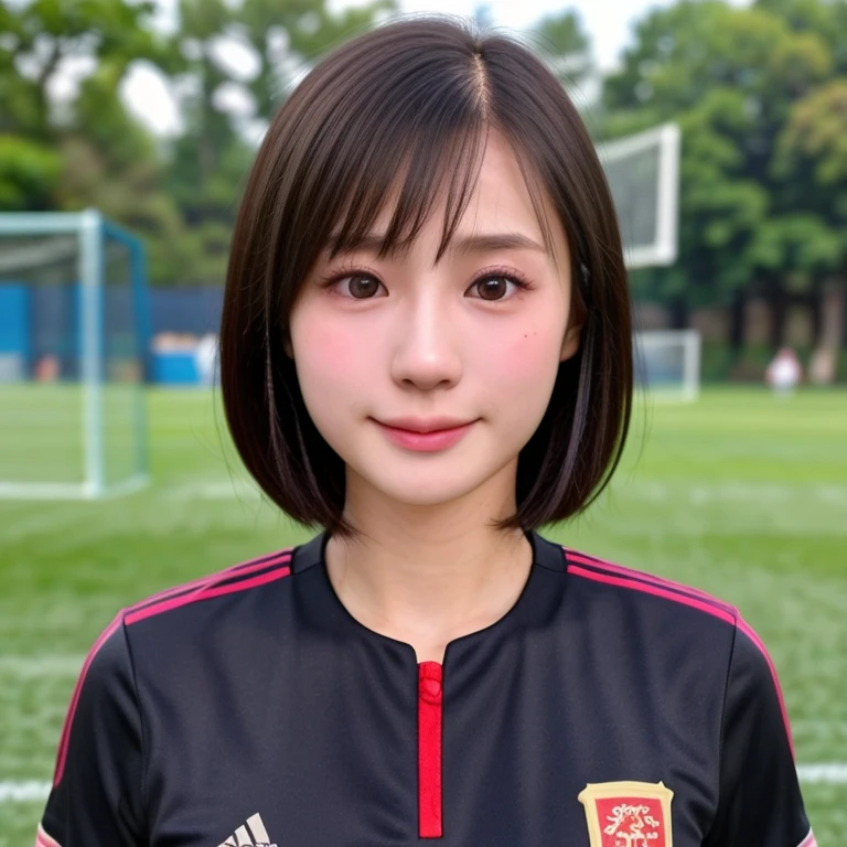 (kawaii 24 year-old Japanese girl, Nogizaka idol, Korean idol, soccer player), healthy female athlete body, (glossy black hair, very short hair, bangs:1.3), beautiful black eyes, rounded face, single eyelid, (no makeup:1.2), (soft smiling:1.2), (soccer uniform:1.3), extra small breasts, BREAK, (park background, summer daytime:1.2), (dynamic angle, bust shot:1.2), BREAK, (masterpiece, best quality, photo realistic, official art:1.4), (UHD, 8K quality wallpaper, high resolution, raw photo, golden ratio:1.3), (shiny skin), professional lighting, physically based rendering, award winning, (highly detailed skin texture, extremely detailed face and eyes textures), Carl Zeiss 85 mm F/1.4, depth of field, (1girl, solo),