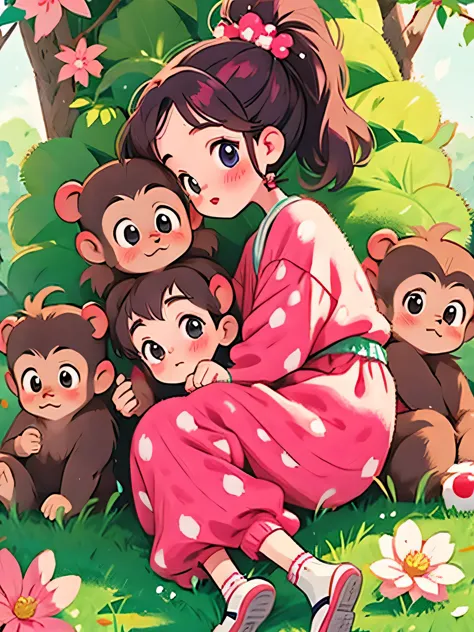 momoko sakura style, kawaii design, the most beautiful girl of all time、chibi, monkey, afternoon nap、monkey forest