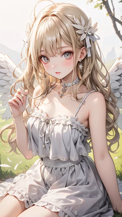 one girl, medium chest, blonde hair, long hair, wavy hair, grey eyes, white feather wings, angel, outdoor, choker,camisole,flare...