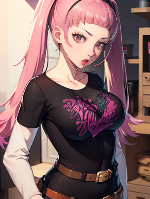 hilda valentine goneril ,pink hair, twintails, 1girl, solo, standing, black t-shirt, white shirt, jeans, belt, lipstick, large breasts