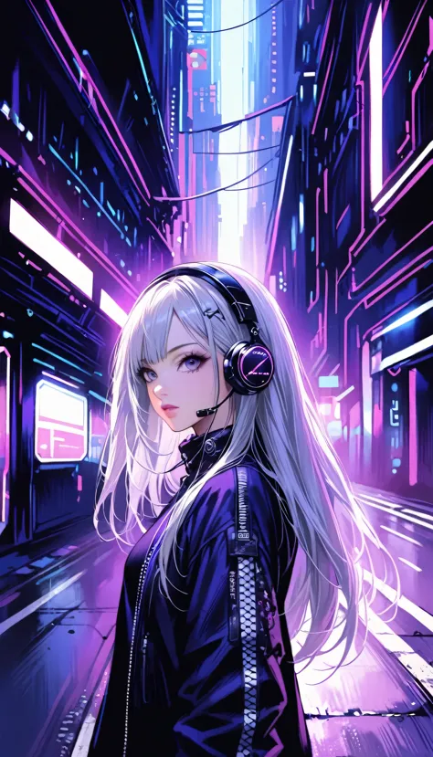 One girl, Gray Hair, Long Hair, Techwear masterpiece, highest quality, Realistic, realism, Dark purple jacket, Portraiture, Fine...