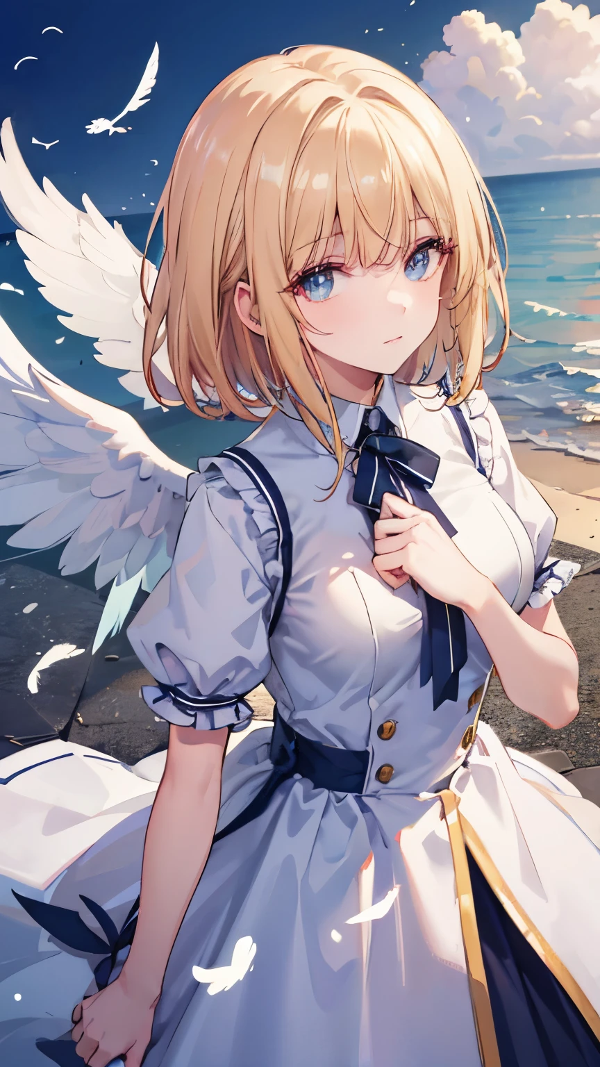 gorgeous adult woman, medium hair, bangs, perfect eyes, soft light, high quality, 4k resolution, ((angel)), ((An angel with wings on his back)), an angel descending from the sky, feathers scattered in the background, light shining from above, at Cathedral