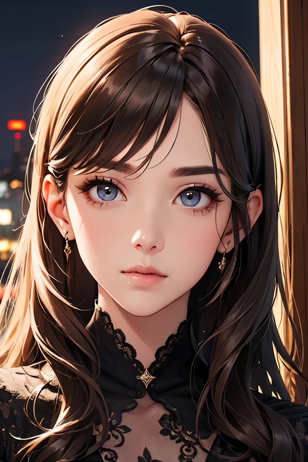 highest quality、High resolution、Detailed Background、(Beautiful face in every detail:1.4)、Anatomically correct、(Detailed facial expressions)、(fine grain:1.2)、Beautiful Madame in her 50s、(Highly detailed face:1.4)、While stroking my hair、Brown Hair、Long Hair、Wavy Hairstyle、well-groomed eyebrows,eye make up、Lip Makeup、Adult behavior、Night view of the port city、Calm atmosphere、(Fits on one screen)
