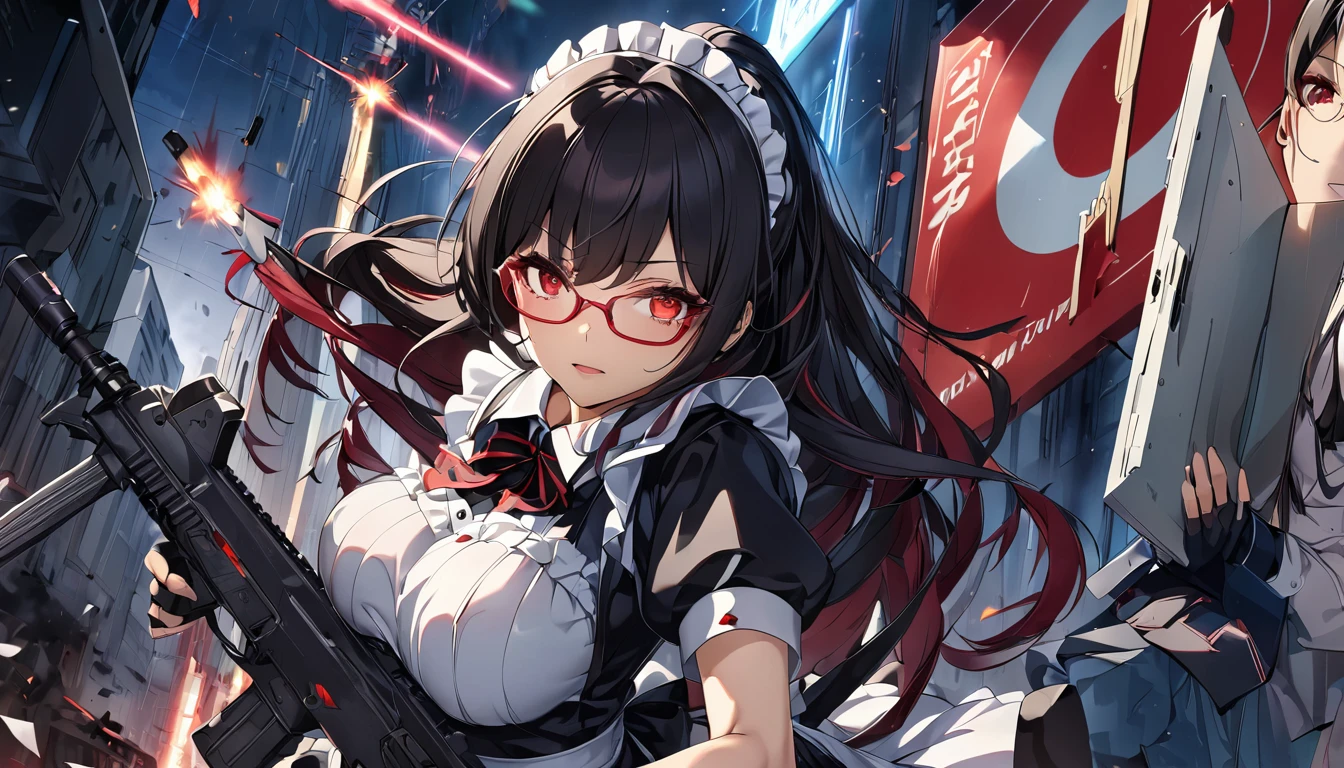 masterpiece、highest quality、Ultra-high resolution、Maximum resolution、Very detailed、Professional Lighting、anime、woman、thin、so beautiful、high school girl、Maid clothes、Has an assault rifle、Red Eye、Black Hair、long haingerless gloves、Red glasses、Alone on the battlefield、Holding a gun with both hands、Aim at the target、