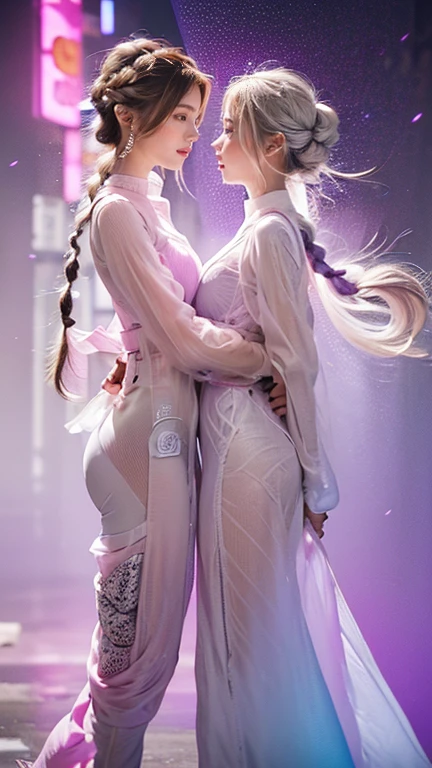 highest quality, Very detailed, masterpiece,hug,Two women hugging each other,(((Perfect female body))),Very beautiful face,Very beautiful body,Gentle expression, Very beautiful eyes,(Perfect Makeup:1.1),Fashion Model,Cyberpunk Fashion,Cinematic Light,Curly Hair,Shaggy Hair, (Drifting in the Wind,White purple gradient long braided chignon hair:1.5),very thin body,Smart Abs,(Monogram pattern:1.3), (((Various patterns,Pink and blue gradient,See-through Bolero,Colorful racing suits:1.3))),anklet,Tech High Top Sneakers,A kind smile,Full body portrait,(Night in Cyber City), (Shiny skin),(Earrings),Long scarf with elegant pattern,Neon long shawl,Digital Feather,LED Signs,Splash Ground,