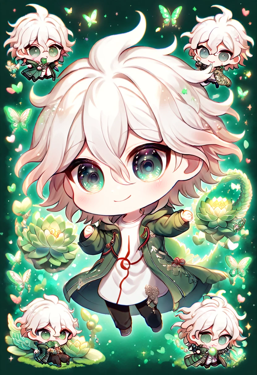 ultra detalhado, HDR, alta resolução, absurdos, obra de arte, Nagito Komaeda chibi, cabelo branco, olhos expressivos cinza-verde claro, casaco verde, Danganronpa, emerald Brilhante butterflies, pétalas, lótus verde esmeralda, bonitinho, mágico, homem, rosto e olhos extremamente detalhados, Brilhante, fantasia, camisa branca, abraçando um dragão verde esmeralda, amor, fundo verde esmeralda, Sorrindo