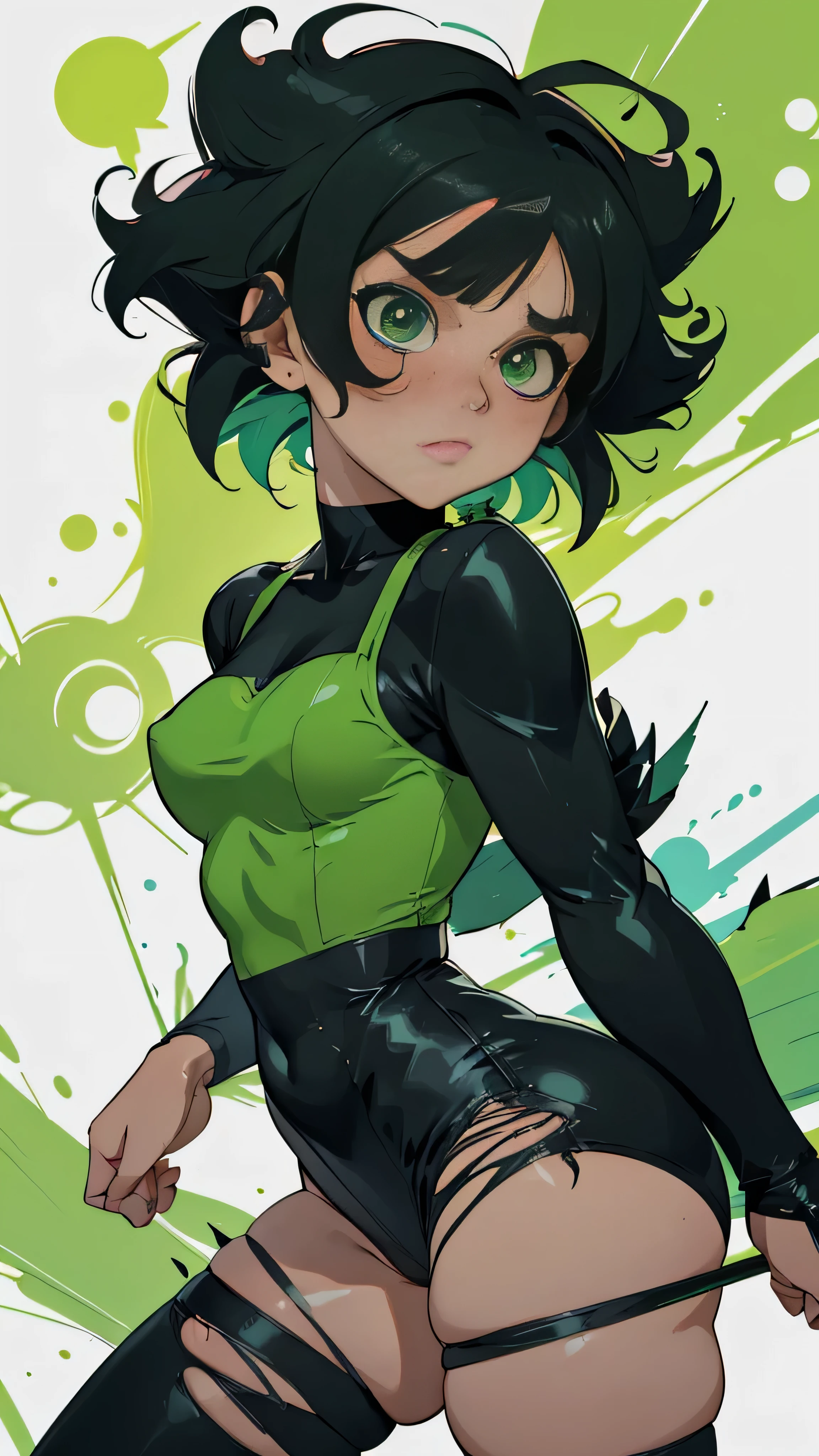 Buttercup from Powerpuff Girls as a Violent Mature Themed Action Anime, bloody battle damage and wear, ecchi Damaged and Ripped clothes, curvy big ass, green and black outfit, ecchiy, getting fucked roughly:1.4