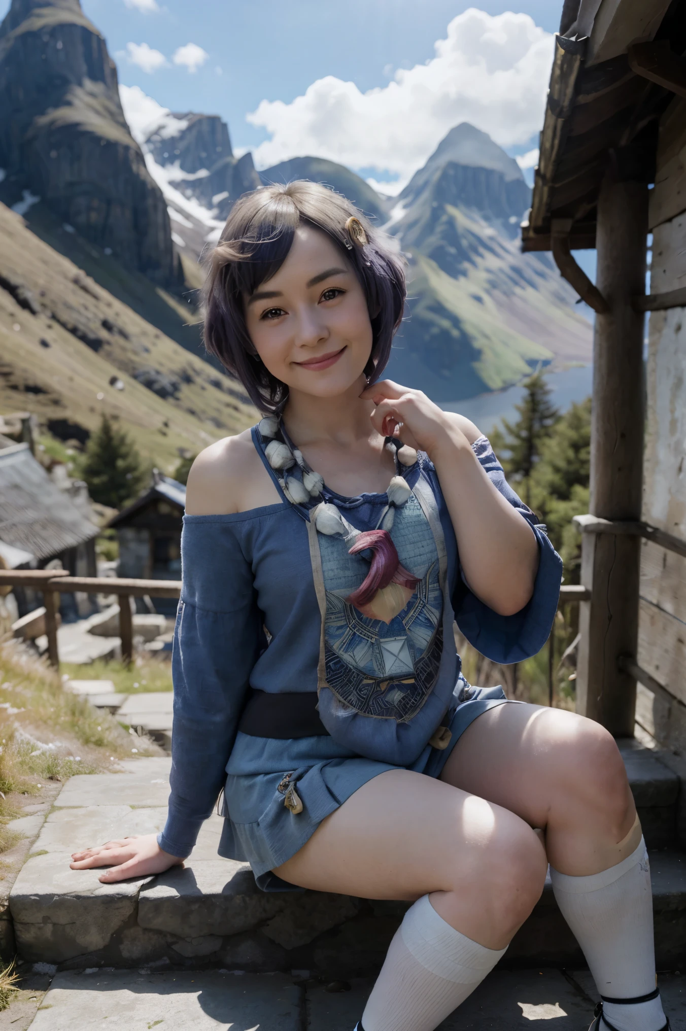 Tsitsidev, full - body, sitting, Smile, blusher, exteriors, Day, Simple background, blue skies, Short hair, skye, temple, looking a viewer, sitting on a staircase, mountain, moody lighting,chibi,small girl,10years