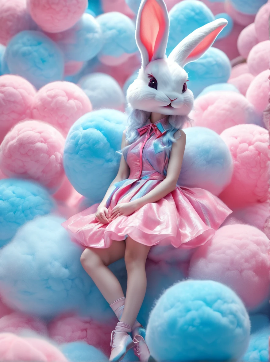 (超Reality:1.4)，(((Full body shot:1.5)))，original，emotion，dynamic，扭曲emotion效果，Energetic，Use unusual colors，Lovely photography，(Reality，Photo Realism:1.4)，Stylized image of a bunny made of pink and blue cotton candy，Fantastic，Delicate eyes，Delicate face，Delicate skin，，light smile, fang, Surrealism, drop shadow, anaglyph, stereogram, tachi-e, pov, atmospheric perspective, 8k, super detail, ccurate, best quality, anatomically correct, textured skin