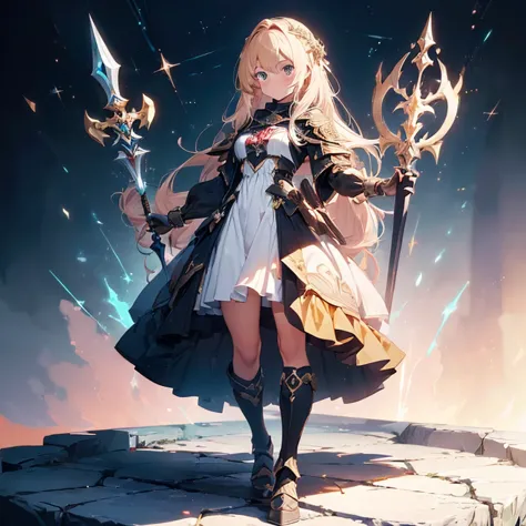Design a layout showcase Gaming character, (1girl). Golden+Purle clothes, stylish and unique, ((showcase weapon:1.4)), magic sta...