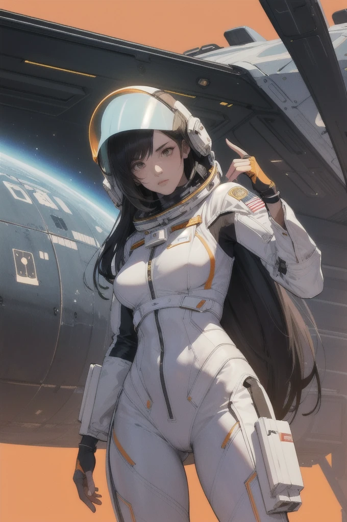 Arabic style image of a woman in a futuristic suit with a spaceship in the background, Cinematic art, In front of an orange background, Inspired by Robert McGinnis, female protagonist, Megastructure in the background, Portrait of an Astronaut, astronaut, astronaut, Portrait of the astronaut Skeletor, perfect android girl, frank franzzeta and sakimichan  