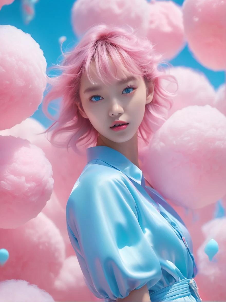 (Hyper-Reality:1.4)，(((Full body shot:1.5)))，original，emotion，dynamic，Distorted emotion effect，Energetic，Use unusual colors，Lovely photography，(Reality，Photo Realism:1.4)，Stylized image of a girl made of pink and blue cotton candy，Fantastic，Delicate eyes，Delicate face，Delicate skin，light smile, fang, Surrealism, drop shadow, anaglyph, stereogram, tachi-e, ass pov, atmospheric perspective, 8k, super detail, ccurate, best quality, anatomically correct, textured skin