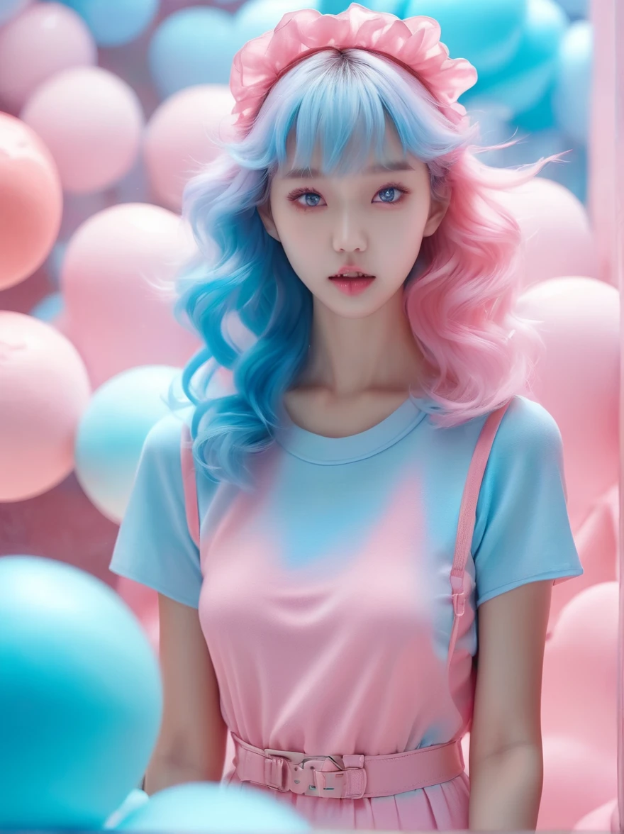 (超Reality:1.4)，(((Full body shot:1.5)))，original，emotion，dynamic，扭曲emotion效果，Energetic，Use unusual colors，Lovely photography，(Reality，Photo Realism:1.4)，Stylized image of a girl made of pink and blue cotton candy，Fantastic，Delicate eyes，Delicate face，Delicate skin，light smile, fang, Surrealism, drop shadow, anaglyph, stereogram, tachi-e, pov, atmospheric perspective, 8k, super detail, ccurate, best quality, anatomically correct, textured skin