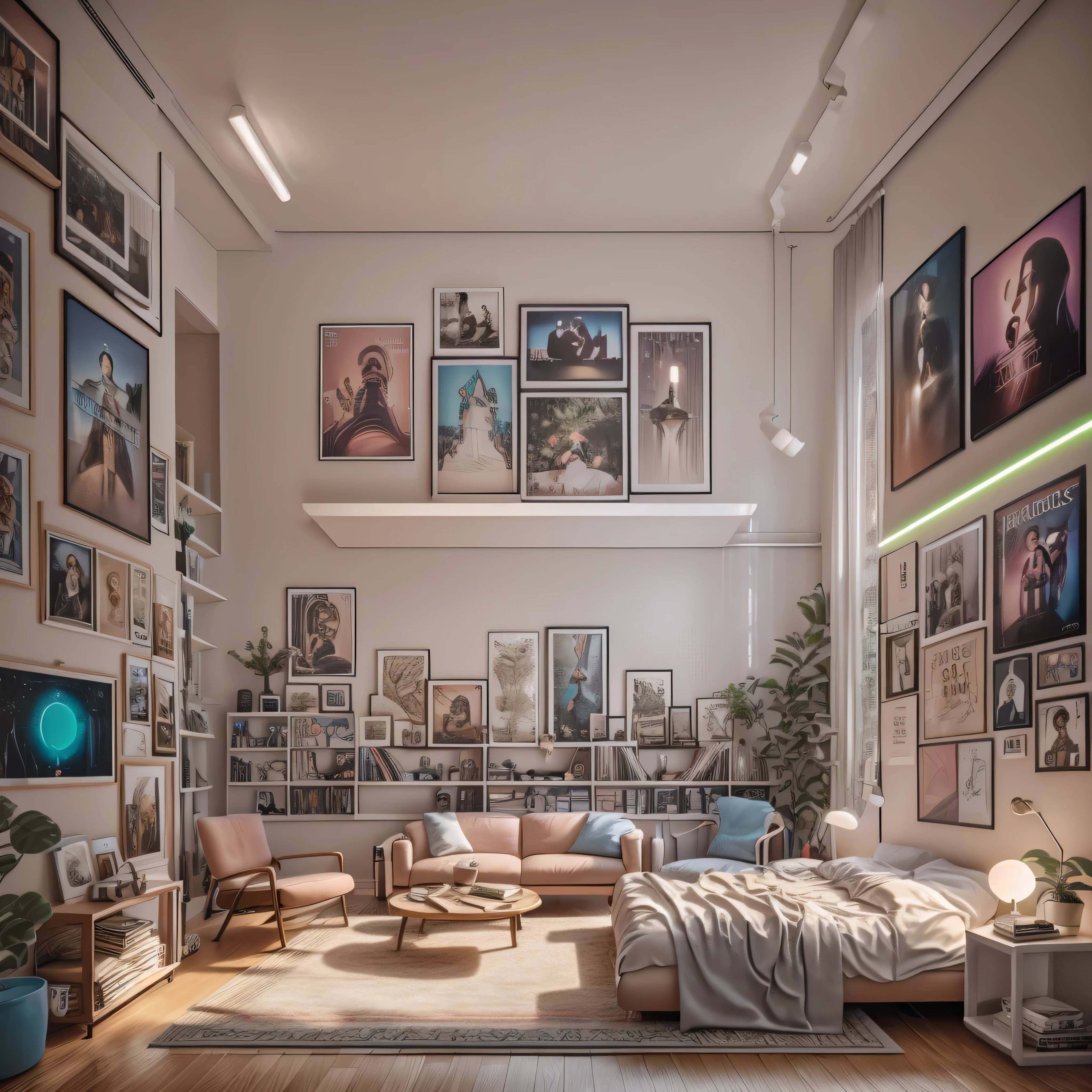 Chic teenager's room with pop music elements including a white platform bed, colorful LED strip lights, a wall collage of album covers, pastel-colored desk and chair, a microphone stand, and a bookshelf filled with music magazines and vinyl records, along with posters of favorite pop icons.