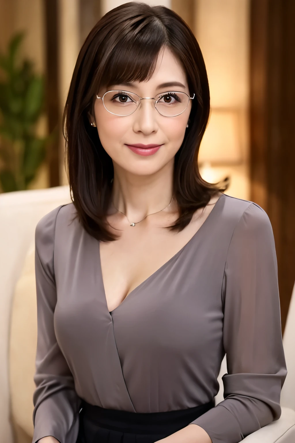 8k, highest quality, masterpiece, Realistic, Very detailed, Natural light, Shapely breasts, Cleavage, 1 person, 35-year-old woman, Black Hair, (Straight hair), (Bob Hair), (Symmetrical hair length), Thin silver-rimmed glasses, ((View your viewers)), sit in a chair with good posture, Loose V-neck knit shirt, Very detailedな顔と肌の質感