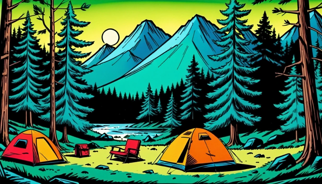 Camping en plein air, rotoscope, Cinématique, hyperréalisme cartoon, hyper maximal, étrange, couleurs naturelles, ombrage pour la profondeur, style de bande dessinée expressif des années 90,
