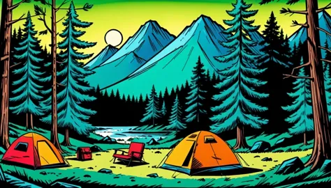 Outdoor camping, rotoscope, cinematic, hyperrealism cartoon, hyper maximal, strange, nature colors, shading for depth, 90's expr...
