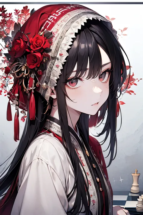 ((A man:1.2)),tazune rirei, masterpiece, best quality, braid hair, black hair, face close-up, (portrait), shiny red eyes, white ...