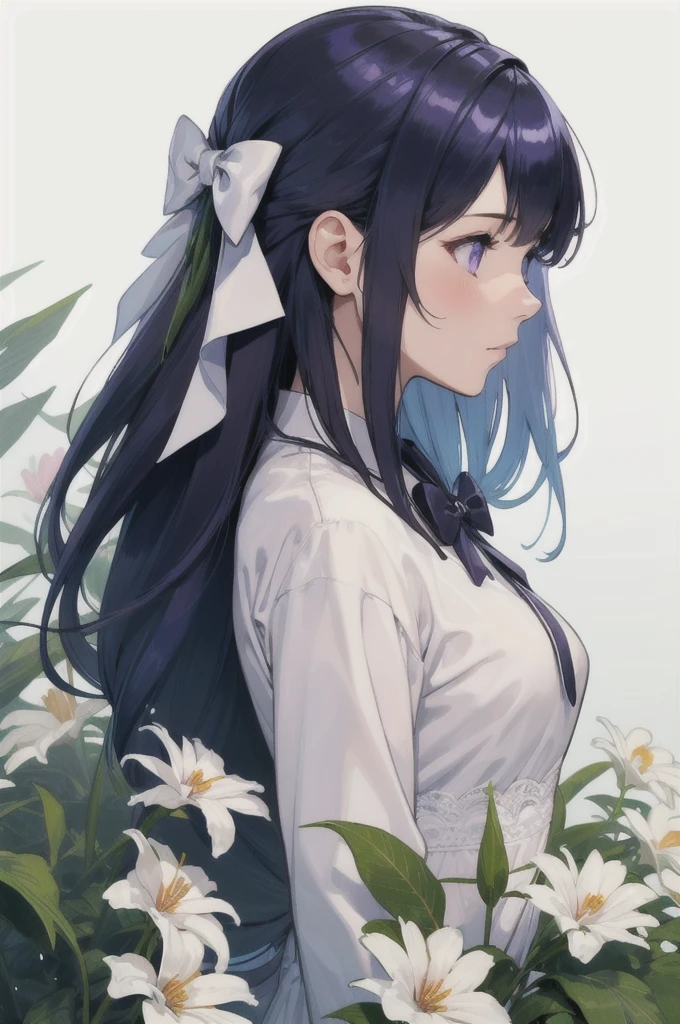 highest quality, masterpiece, Very detailed, Detailed Background, One girl, alone, Long Hair, flower, Blue Hair, White Background, pink flower, Simple Background, profile, Upper Body, shirt, white shirt, white flower, bow, bangs, Purple eyes, leaf, blush