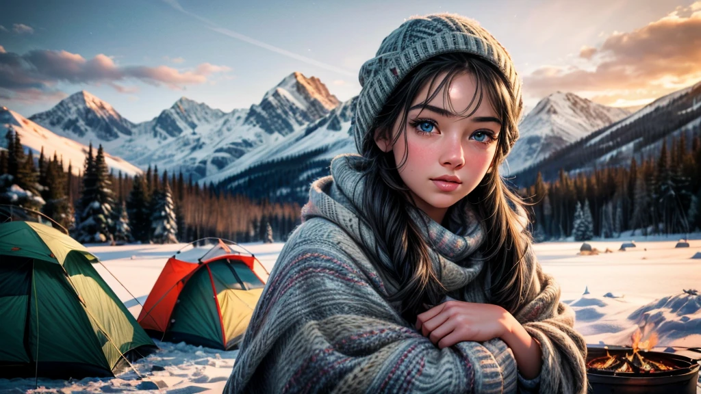 a girl in a snowy inverno paisagem, acampamento ao ar livre perto de um lago, lindos olhos detalhados, lindos lábios detalhados, rosto e pele extremamente detalhados, cílios longos, luz solar quente, fogueira aconchegante, Tenda de acampamento, montanhas ao fundo, (melhor qualidade,4K,8K,alta resolução,obra de arte:1.2),Ultra-detalhado,(realista,photorealista,photo-realista:1.37),paisagem,Natureza,inverno,luz da manhã