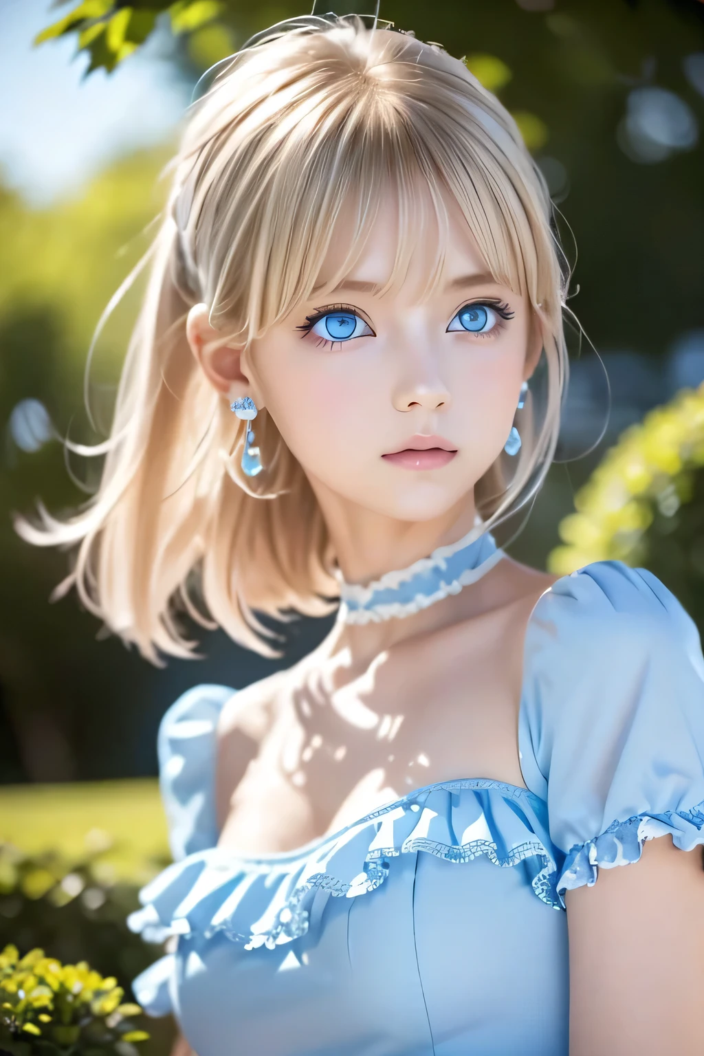 (Ultra-detailed), Cute light blue princess dress,(Frill dress),(Short sleeve),blue eyes,Upper Body、Close-up、face、Cute smile,Facing forward, 20-year-old, Teenage Girl,No tail,(No tail),2D, masterpiece, highest quality, And soul, Detailed Eyes, Big, bright, light blue eyes that shine beautifully、Detailed face, With a girl, Only one person,Blonde super long hair, (Blonde),  Ear hair, , Single Blade, (Single Blade), (Side Blade), Pink ribbon, Ribbon on neck, (White sleeves), Background bokeh