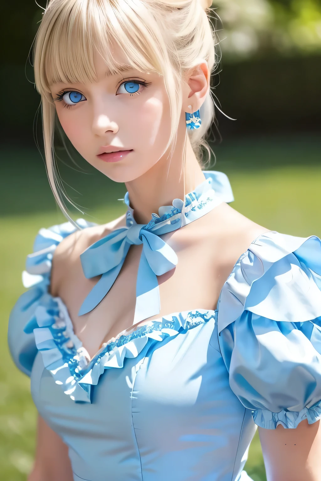 (Ultra-detailed), Cute light blue princess dress,(Frill dress),(Short sleeve),blue eyes,Upper Body、Close-up、face、Cute smile,Facing forward, 20-year-old, Teenage Girl,No tail,(No tail),2D, masterpiece, highest quality, And soul, Detailed Eyes, Big, bright, light blue eyes that shine beautifully、Detailed face, With a girl, Only one person,Blonde super long hair, (Blonde),  Ear hair, , Single Blade, (Single Blade), (Side Blade), Pink ribbon, Ribbon on neck, (White sleeves), Background bokeh