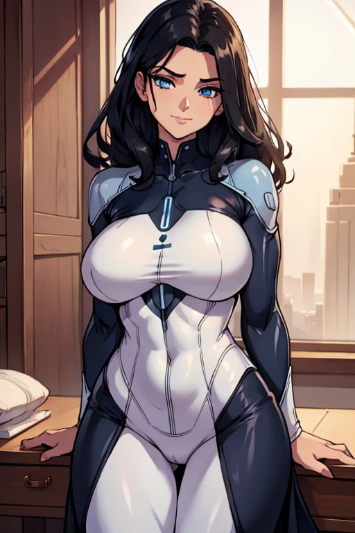 (work of art, Best quality, absurd, 4K, aesthetics, perfect eyes, perfect face, detailed, intricate, Perfect Lighting) 1 girl with fair skin, long dark hair, wears a futuristic dark blue and white bodysuit, heroine, queen of an alien race, warrior, gentle smile, strong, muscular