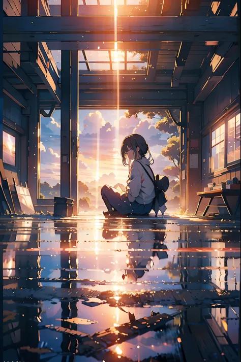 sunset, window,sitting, girl, 大きなwindow, windowから海が見える, windowから地平線が見える,