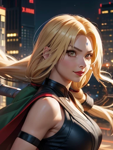 un primer plano de una persona con pelo largo y un disfraz de superhéroe Thor , tsunade, tsunade from anime naruto shippuden, as an personaje animado, cara de anime perfecta, she has Cabello amarillo with bangs, female personaje animado, personaje animado, mejor chica anime, peinado de corte hime, Cabello amarillo, vistiendo un disfraz de superhéroe thor, (labios rojos brillantes:1.3), Ojos amarillos, sonrisa, Realista, usar disfraz de superhéroe thor, ultra detalle, Fondo de la ciudad, (Hermoso rostro:1.3)