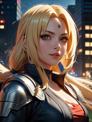 um close de uma pessoa com cabelo comprido e uma fantasia de super-herói Thor , Tsunade, Tsunade from anime naruto shippuden, as an personagem de anime, cara de anime perfeita, she has cabelo amarelo with bangs, female personagem de anime, personagem de anime, melhor garota de anime, penteado com corte Hime, cabelo amarelo, vestindo uma fantasia de super herói Thor, (lábios vermelhos brilhantes:1.3), olhos amarelos, sorriso, realista, use fantasia de super herói do Thor, ultra detalhe, Fundo da cidade, (rosto bonito:1.3)