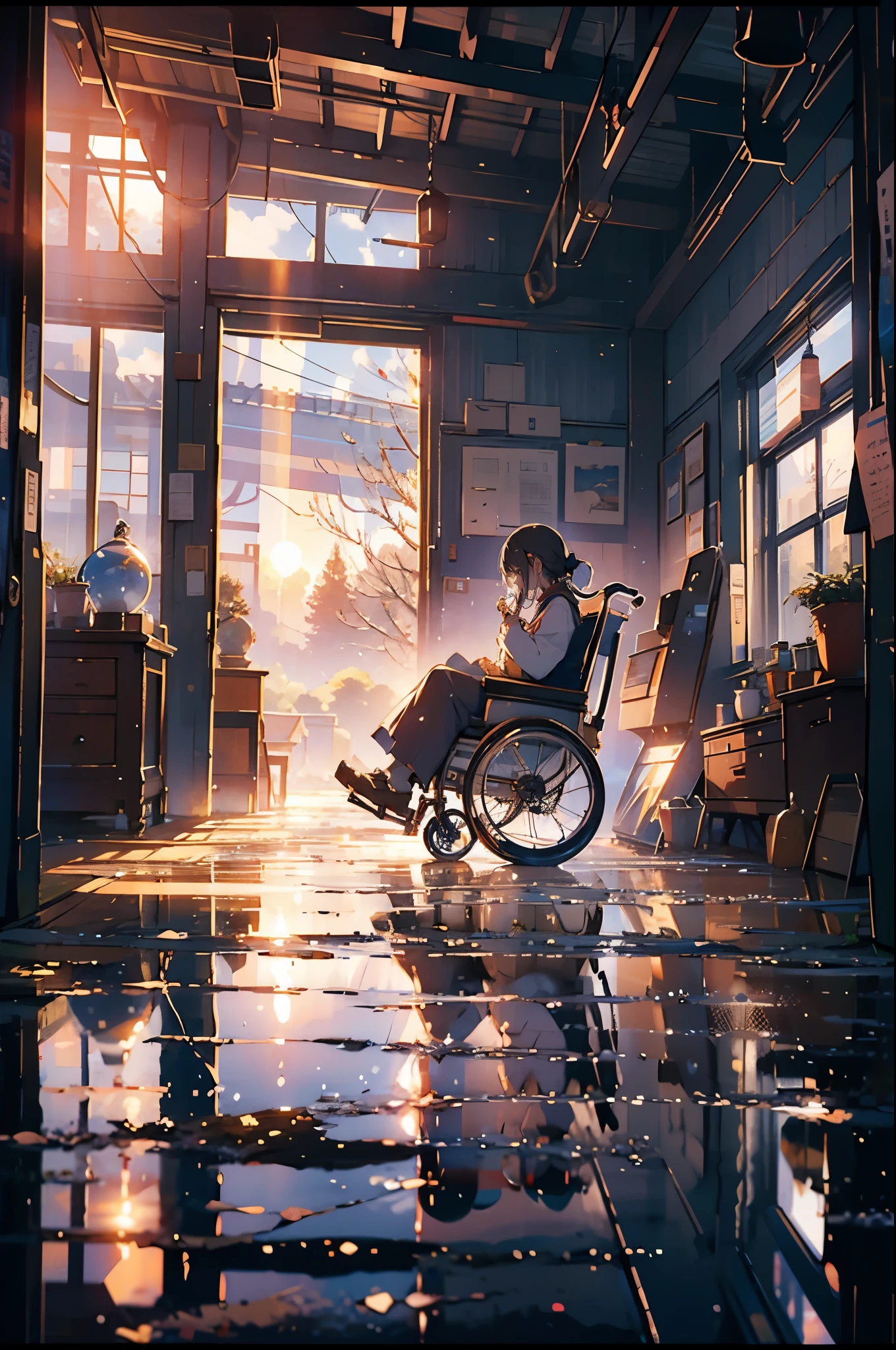 Sunset, window, Sitting in a wheelchair, girl, 大きなwindow, windowから海が見える, windowから地平線が見える, 